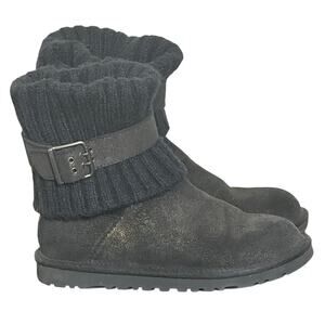 Ugg Cambridge Black & Gold Metallic Suede Cuffed Ankle Buckle Boots Sz 5